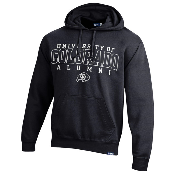 A black hoodie with University of Colorado Alumni in bold writing and a CU Buffalo logo.