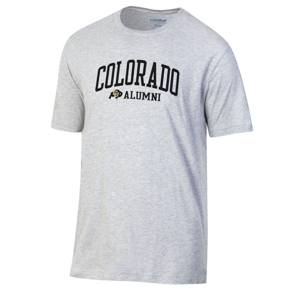 A gray short sleeve tee with Colorado Alumni in bold lettering and a CU Buffalo logo.