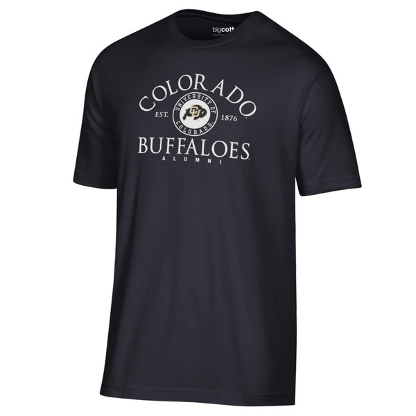 A black short sleeve t-shirt adorned with University of Colorado Alumni and Established in 76 in bold lettering and a CU Buffalo seal.
