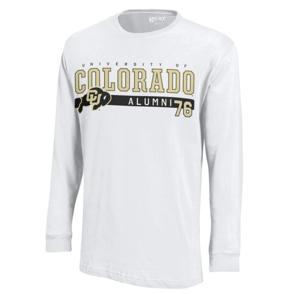 A white long sleeve tee with University of Colorado Alumni in black, Vegas Gold, and white lettering, and the founding year 76 with a CU Buffalo logo.