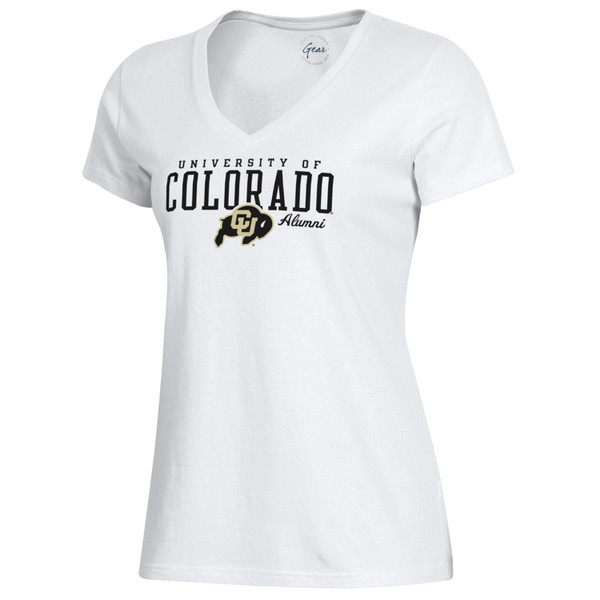 A white v-neck t-shirt with University of Colorado in bold lettering and Alumni beneath in black script, with a CU Buffalo logo.