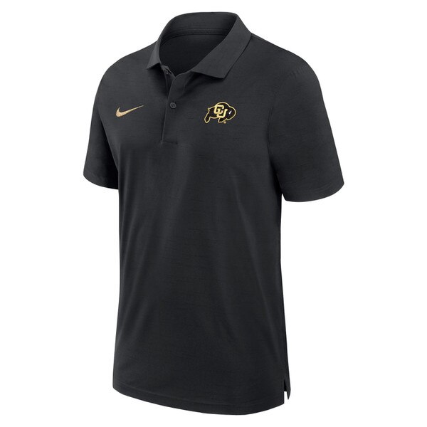 This is a black polo with two buttons. On the left chest, there's a black and gold C. U. Buffalo logo. On the right chest there is a gold Nike swoosh logo.