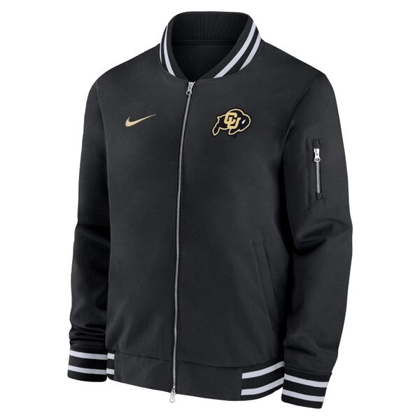 A bomber jacket with the CU buffalo logo embroidered in black and gold on the top left. The neckline, sleeves, and waist have a black and white striped pattern.