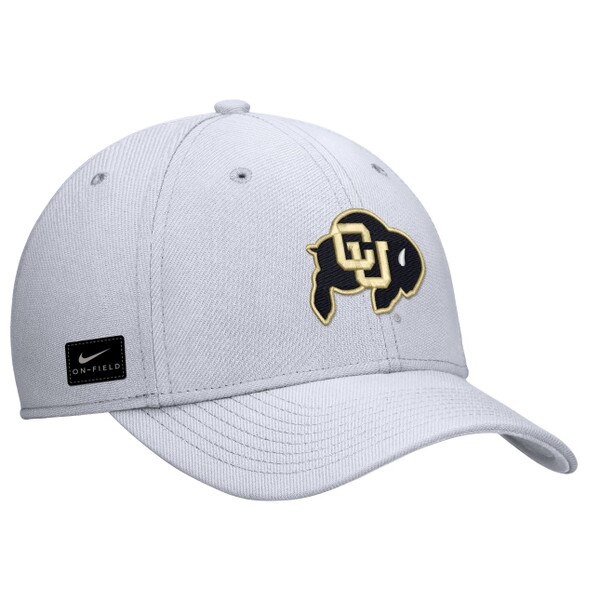 A white nike cap with a c-u buffalo logo on the front.