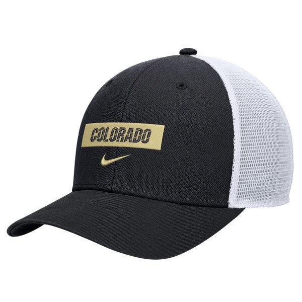 A black nike cap with Colorado in black writing on an embroidered gold rectangle with the nike swoosh underneath, and a white mesh backing.