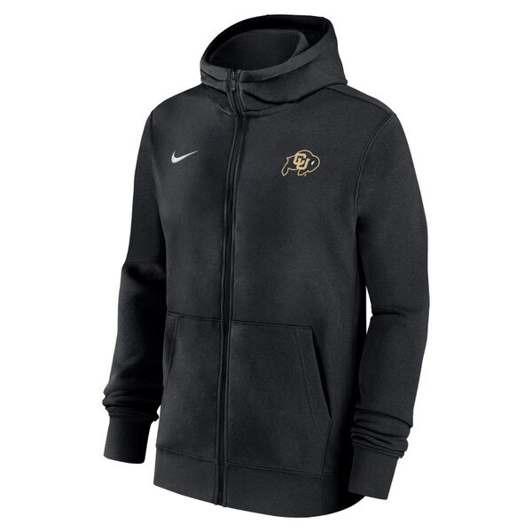 A black Nike full zip hoodie with the CU Buffalo logo on the left corner of the chest. There are two front pockets, and a white Nike swoosh sits on the right corner chest.