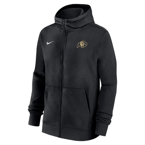 A black Nike full zip hoodie with the CU Buffalo logo on the left corner of the chest. There are two front pockets, and a white Nike swoosh sits on the right corner chest.
