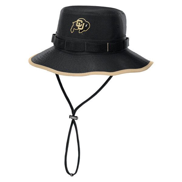 A black bucket hat with an embroidered c-u buffalo patch and a vegas gold edge, with an adjustable drawstring.