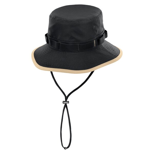 The back view of the black bucket hat with gold edges and a drawstring.
