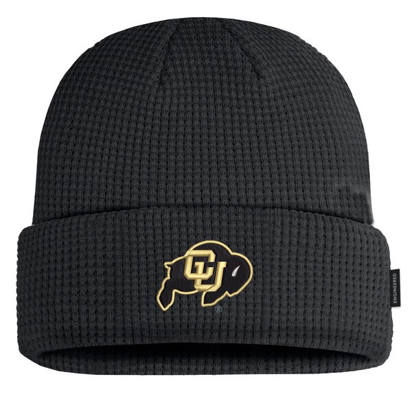 A black waffle knit beanie with a cuffed brim and a C-U buffalo logo on the center front of the brim.