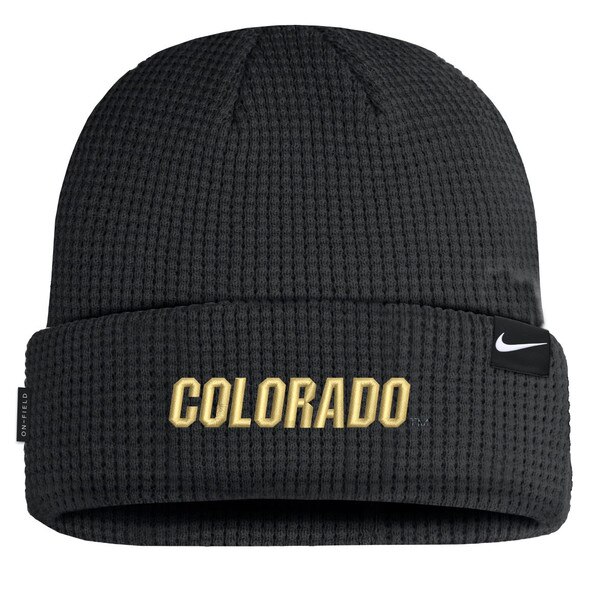 The back of the beanie with Colorado in vegas gold embroidered lettering on the brim and a nike tag.