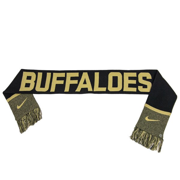 A black scarf with "Buffaloes" written across it in gold lettering. The ends of the scarf are a black and gold and they have a gold Nike Swoosh on them, as well as black and gold fringe..
