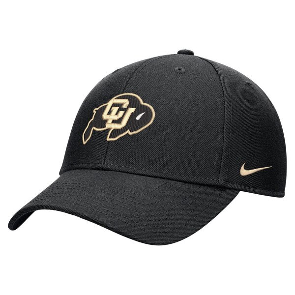 A black hat with an embroidered cu buffalo patch on the front and a nike swoosh on the left.