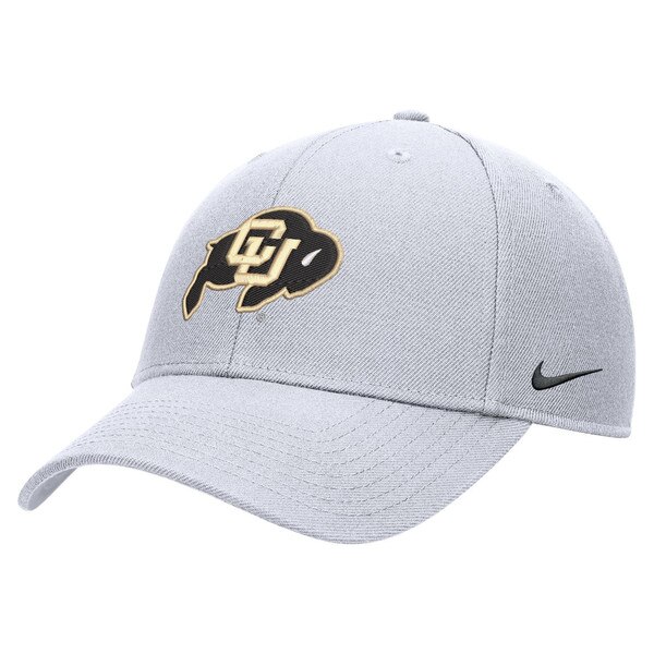 A white hat with an embroidered cu buffalo patch on the front and a nike swoosh on the left.