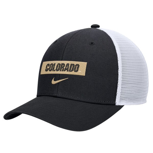 A black hat with a white mesh backing and Colorado in black lettering over a gold rectangle with the nike swoosh underneath.