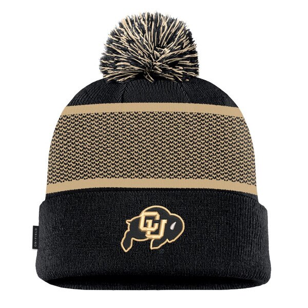 A black beanie with a gold stripe and a black and gold pom, with a cu buffalo patch on the cuff.