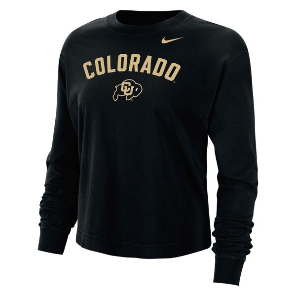 This is a black boxy long sleeve t-shirt. The front says Colorado in bold gold lettering arched over a CU buffalo logo. There's a Nike swoosh in gold on the left chest.