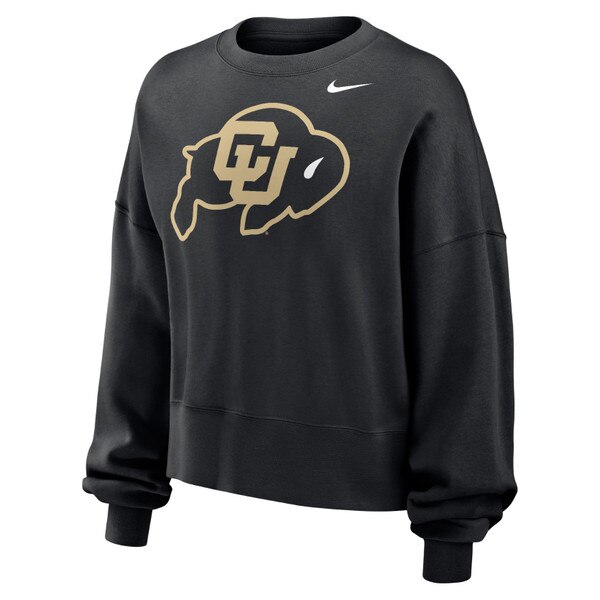 A black women's Nike sideline 24 phoenix crewneck sweatshirt with large C.U buffalo logo.