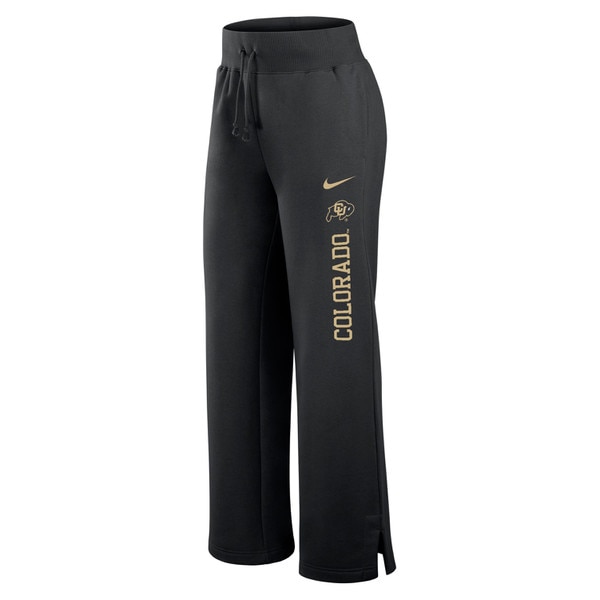 Black Nike wide leg sweatpants with "Colorado" in gold block letters vertically printed on the left leg. There is a gold Nike logo and a CU Buffalo logo printed above "Colorado" on the left leg also.