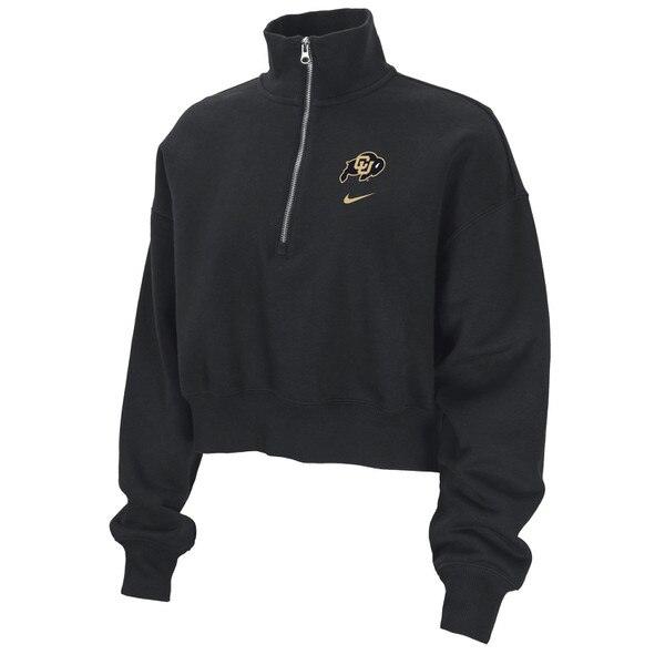 A black quarter zip Nike long sleeved cropped top with high collar and C.U buffalo logo.