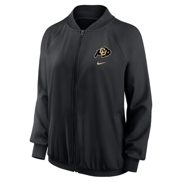 A black Nike bomber jacket with two side pockets and C.U buffalo logo on left chest.