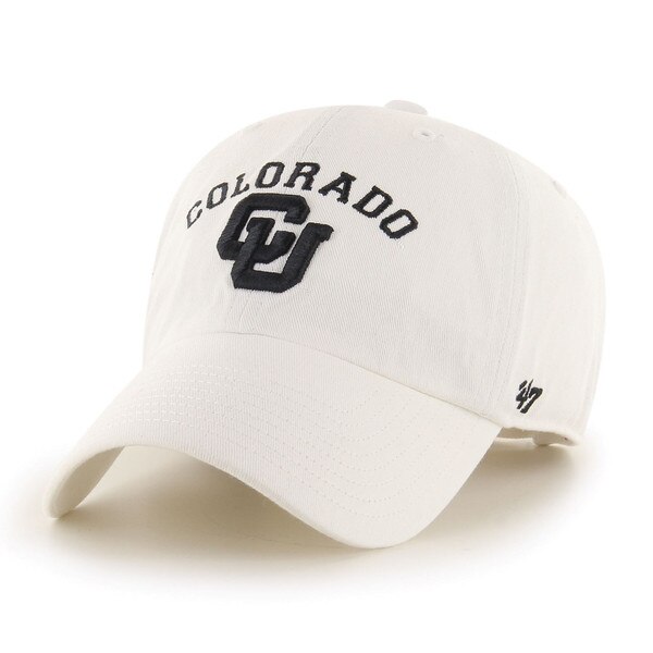Front view of a white Colorado hat featuring black embroidered “Colorado” lettering arched above the Interlocking CU Buffaloes logo, with a small 47 brand logo on the side.