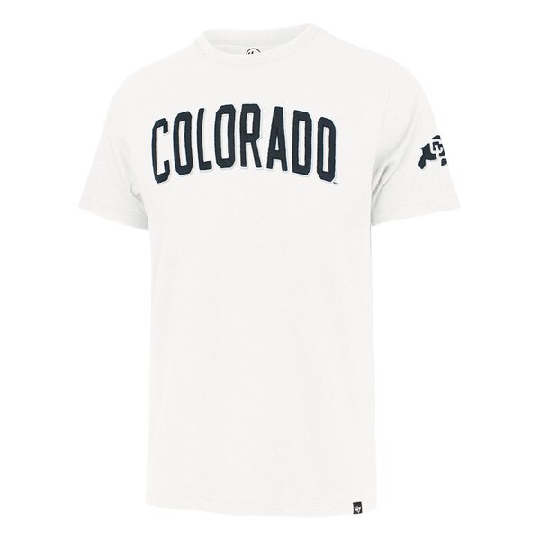 White Colorado T-shirt with bold black arched lettering across chest and CU Buffaloes logo on left sleeve