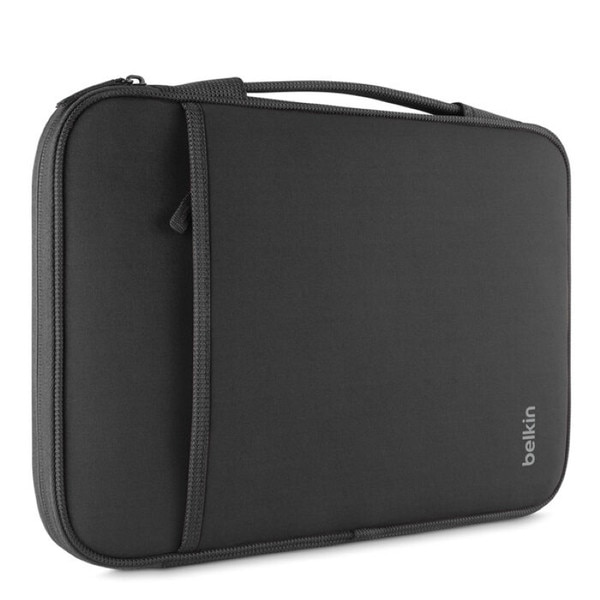 Black 14 inch computer carrying case with zipper closure and handle, with zipper pocket for accessories.