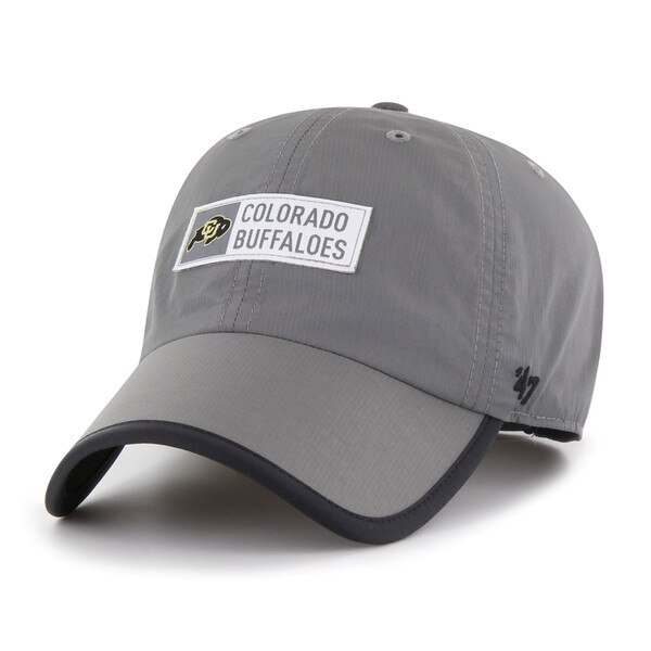 Front view of a gray hat with a CU Buffaloes patch and black trim along the curved brim.