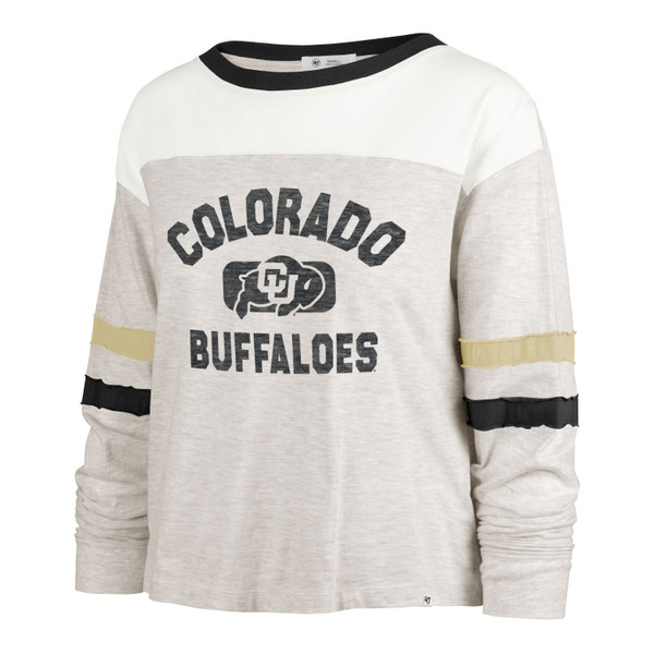 White long sleeve, with CU Buffalo logo surrounded by "Colorado Buffaloes" printed lettering with black collar and bright white upper section, with stripes in black and vegas gold on sleeves.