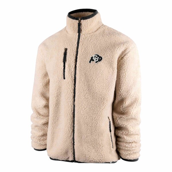 Tan sherpa fleece zip-up jacket with black trim, featuring a CU Buffaloes logo on the left chest and three zippered pockets.
