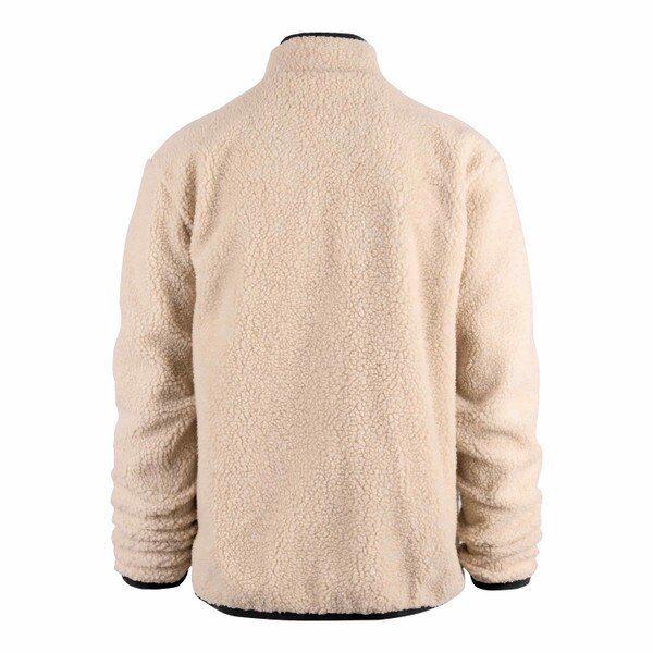 Back view of a tan sherpa fleece zip-up jacket with black trim and a high collar, featuring a plain design with no visible logos or graphics.