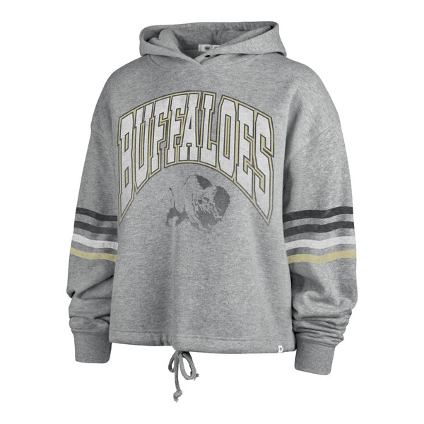 A heathered gray hoodie with Buffaloes written in giant arched lettering and a Buffalo design beneath it, with black, white, and vegas gold striped sleeves and a tied waist.
