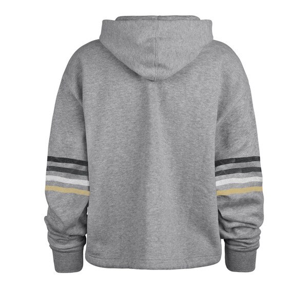 Back view of gray cropped hoodie with multi-stripe detailing on sleeves and a relaxed fit