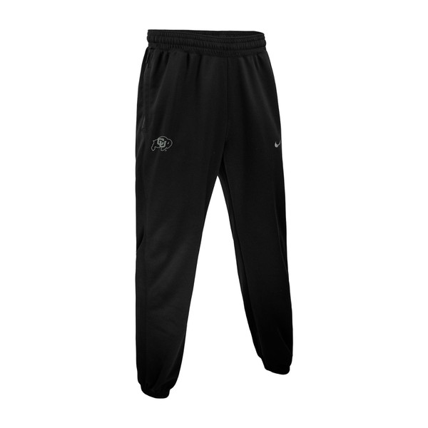 A black pair of sweatpants with a C-U Buffalo logo on the right thigh and a Nike Swoosh on the left.
