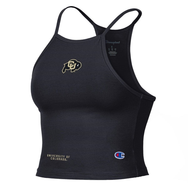 A black cropped tank top with a halter neck line, featuring a C.U. buffalo logo on the center chest. The right bottom hem has University of Colorado in gold lettering.