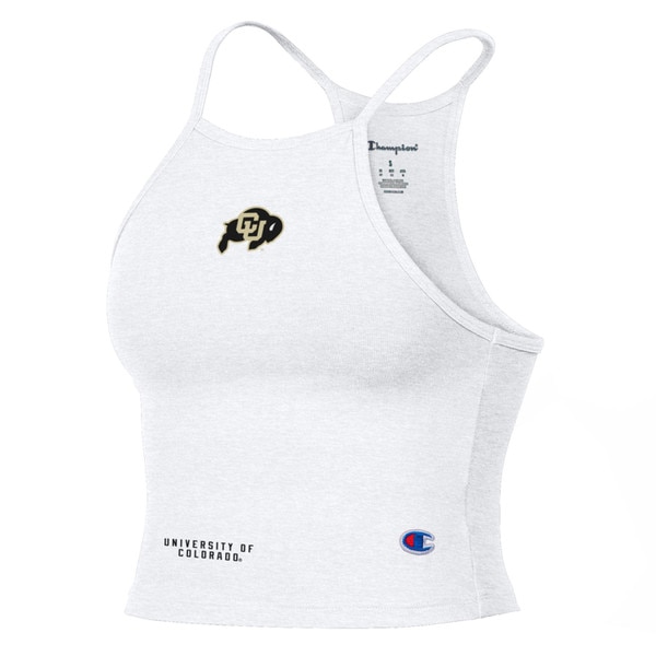 A White cropped tank top with a halter neck line, featuring a C.U. buffalo logo on the center chest. The right bottom hem has University of Colorado in black lettering.