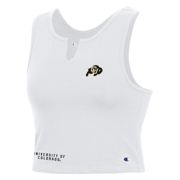 A white cropped tank top with a split top hem, featuring a small C.U. buffalo logo on the left chest. The right bottom hem has University of Colorado in black lettering.