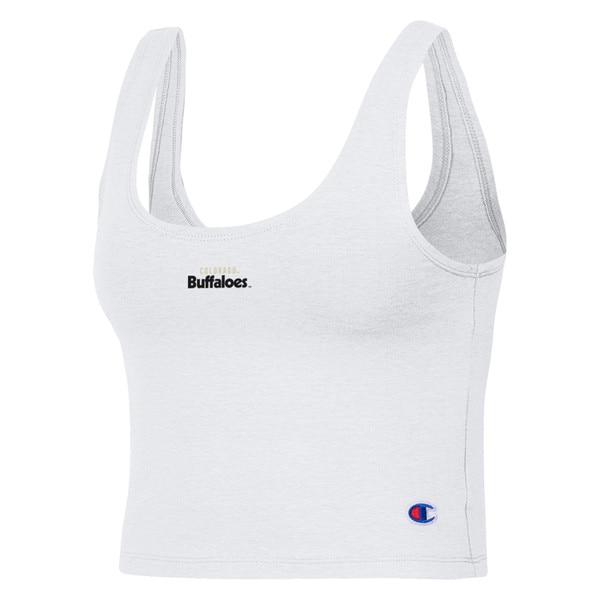 This is a White, scoop neck, cropped, tank top. The front has Colorado printed in small gold bold font with Buffaloes underneath in a black quirky block font.