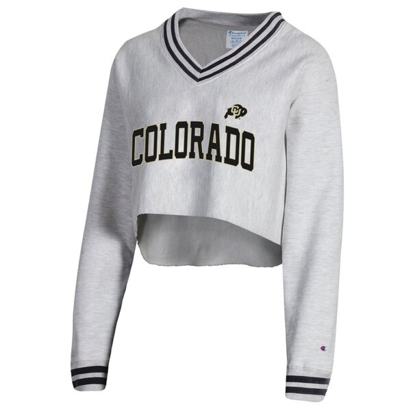 A light grey cropped v-neck sweater. The sweater has the word "colorado" across the chest and buffalo logo above the word on the left chest.