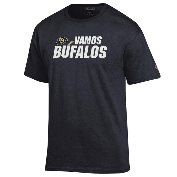 Black t-shirt with CU Buffalo logo, and vamos bufalos written on front.