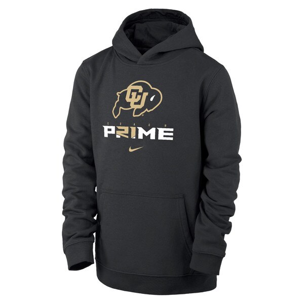 This is a black hoodie with a black and gold CU buffalo logo adorning the center chest. Coach is printed in small gold font on the front with prime under in large white font other than a gold 21.