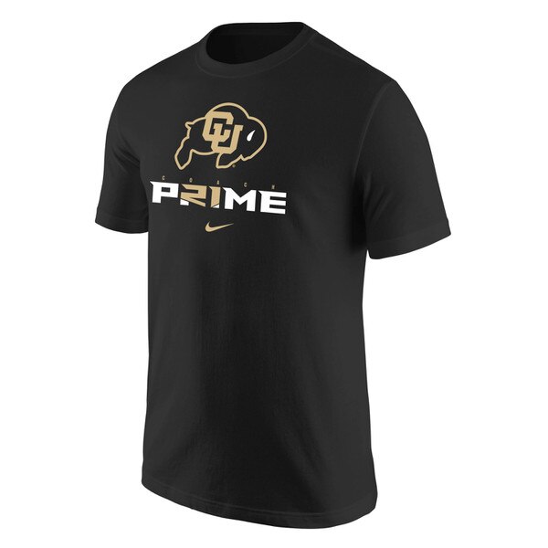 Front view of black short sleeve Nike shirt with CU Buffaloes logo and Coach Prime graphic