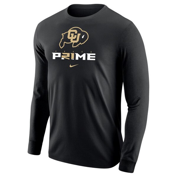 Front view of black long sleeve Nike shirt with CU Buffaloes logo and Coach Prime graphic