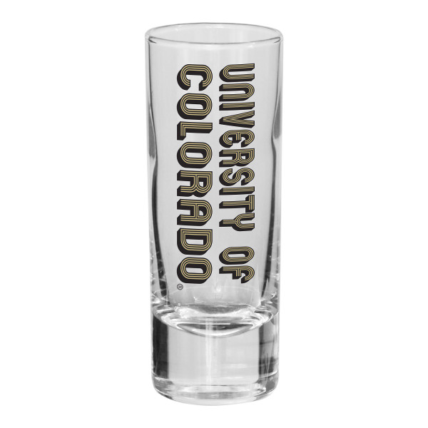 A tall Shot glass with Universit of Colorado Printed on both sides.