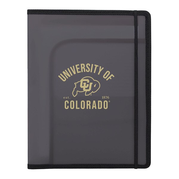 A gray portfolio folder with an interior mesh pocket and pen loop.