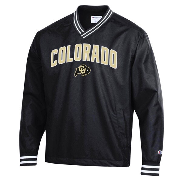 A black crewneck jacket with "Colorado" embroidered on the front in gold letters, with the CU Buffalo logo below it. The collar and sleeve caps have white stripe detailing.