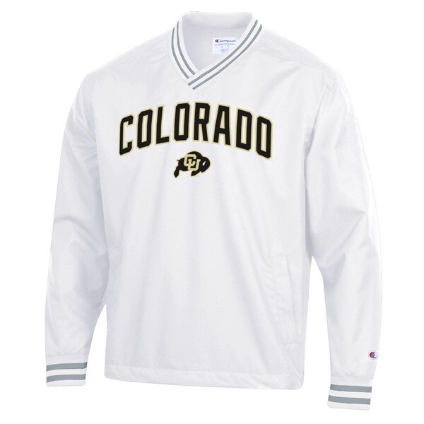 A white crewneck jacket with "Colorado" embroidered on the front in black letters, with the CU Buffalo logo below it. The collar and sleeve caps have black stripe detailing