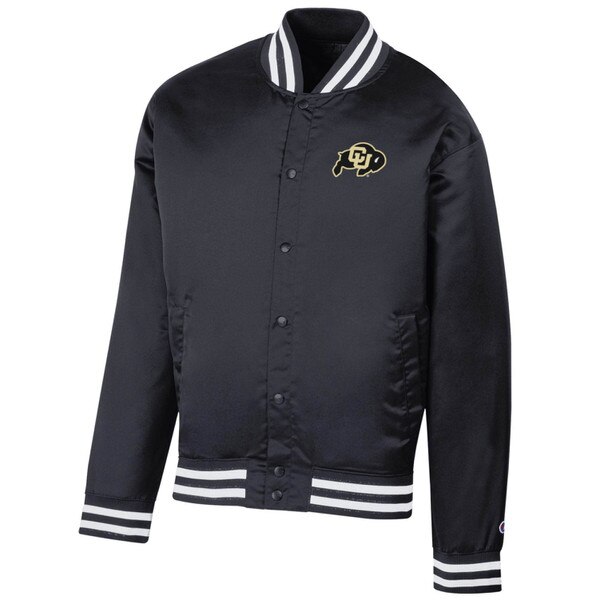 A bomber jacket with the CU buffalo logo embroidered in black and gold on the top left. The neckline, sleeves, and waist have a black and white striped pattern. Snap down buttons.