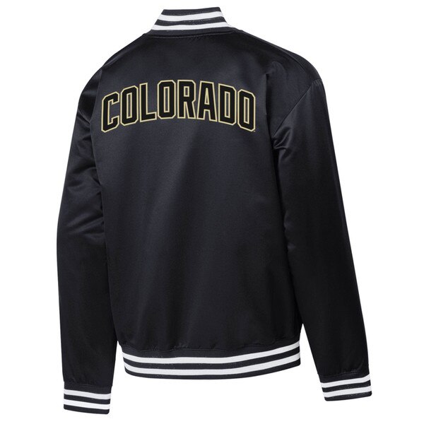 The back of the bomber jacket. It is black with Colorado embroidered in black and gold bold print.